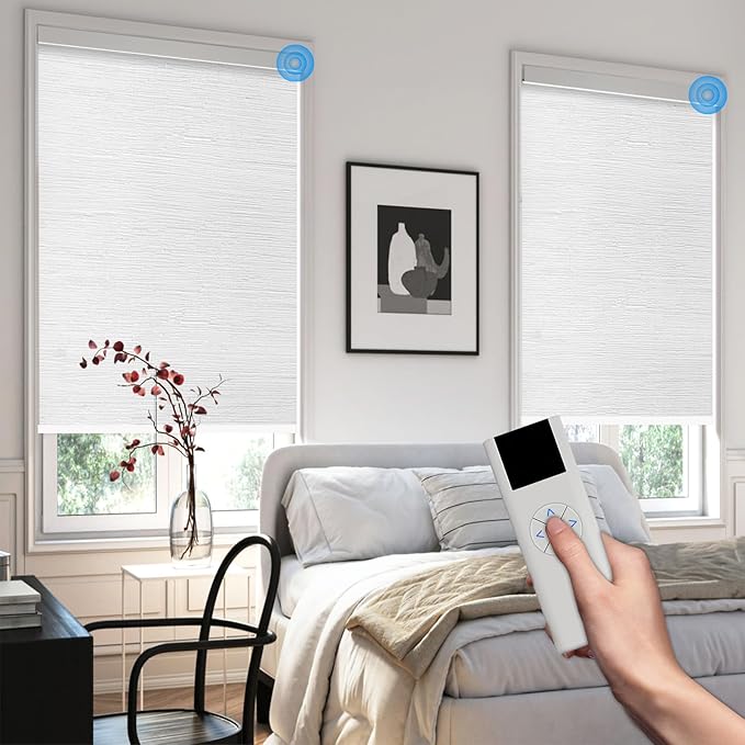 COOLWINDS Motorized Blinds with Remote Cordless Automatic Motorized Shades Custom Blinds for Windows Smart Curtains Compatible with Alexa Google Home(Blackout Jacquard White,W23 x H72in)