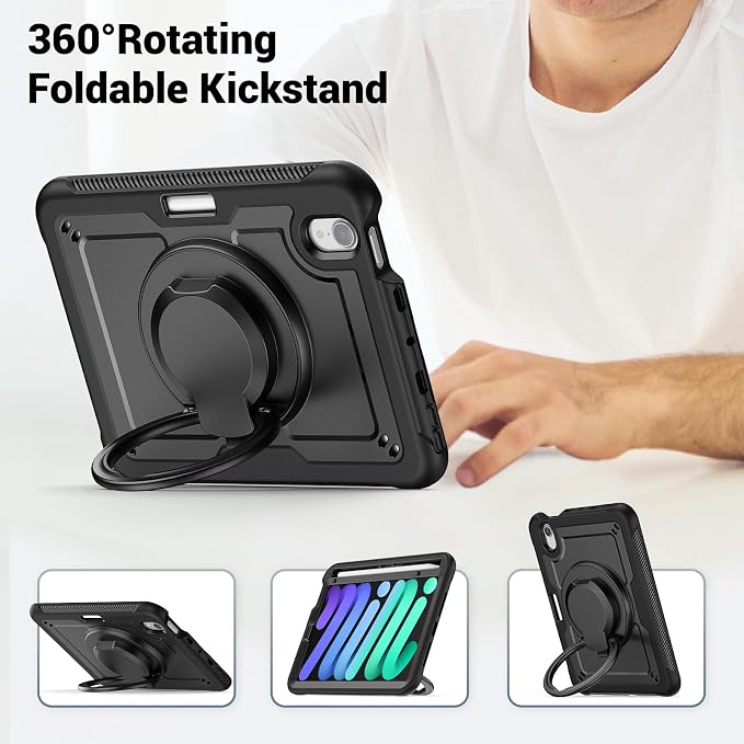 Case for iPad mini 7 (A17 Pro) 2024/ Mini 6 8.3'' with Pencil Holder Screen Protector [360 Rotating Hand Strap] &ampStand &ampShoulder Strap Shockproof Case for iPad mini 7th/6th Generation Purple