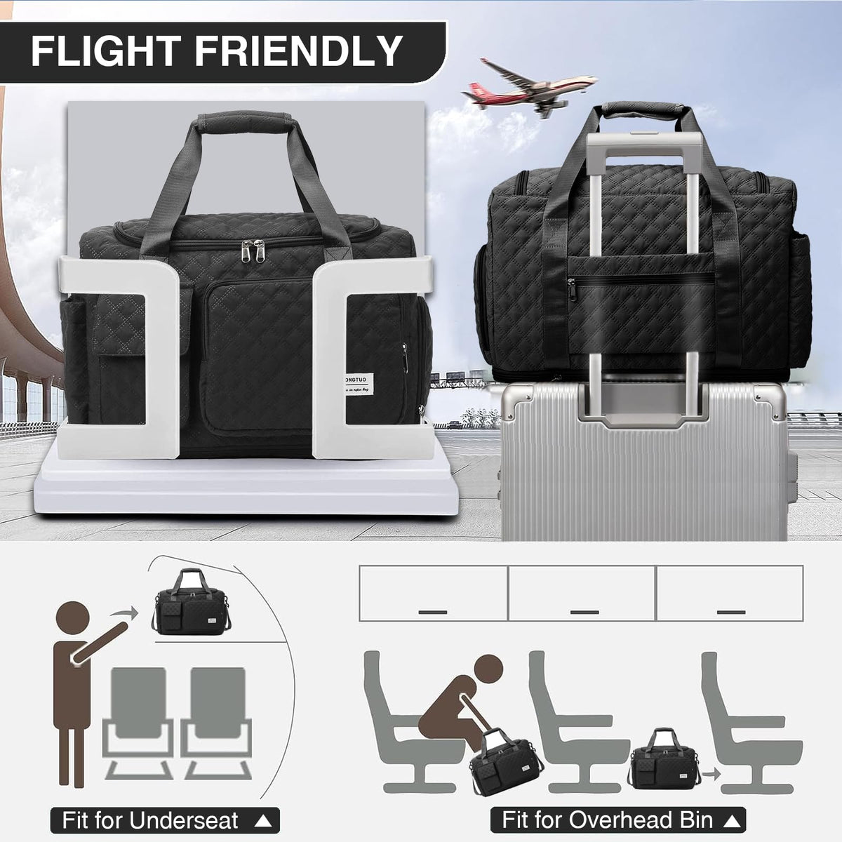 Black Weekender Travel Bag for Women with Shoe Compartment, Waterproof Extendable Travel Duffle Bag, Overnight Gym Tote Bag, Carry On Bag with Toiletry Bag