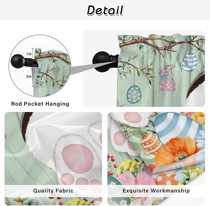 Easter Kitchen Curtains 45 Inch Long 2 Panel Set, Rod Pocket Window Treatment