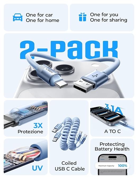 LISEN Chubby Cable Coiled Cable 2 Pack Car Play Cord | for Android Auto Short USB A to USB C Cable for iPhone 17/16/15 Samsung Galaxy S25/S24 A15/A14 Google Pixel 9/8 Blue 4FT