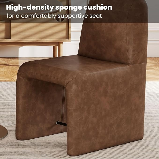 Brown Upholstered Leather Dining Chairs Set of 6, Mid Century Modern Dining Room Chairs with Deep Seat & Curved Back, Armless Side Chair Comfy Kitchen Chairs for Living Room/Kitchen