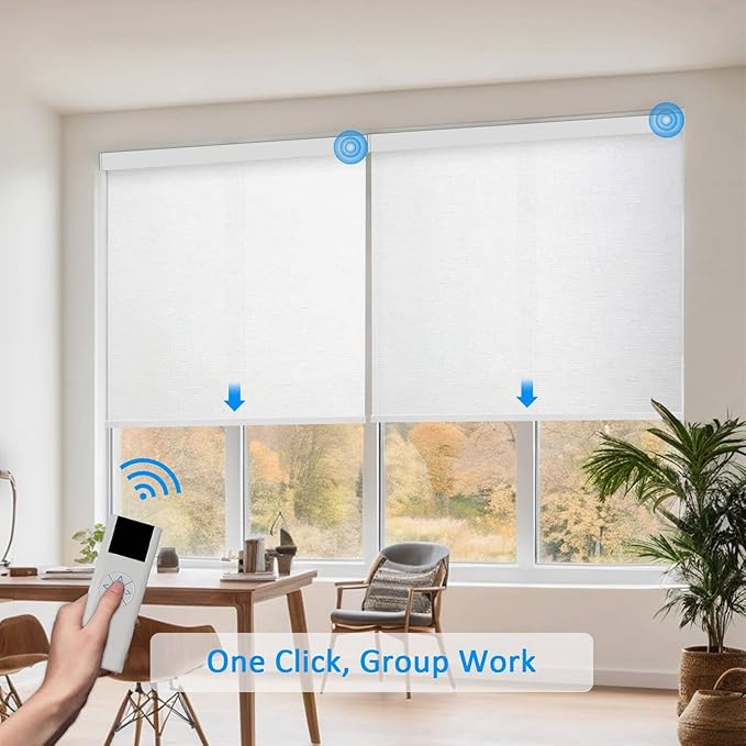 COOLWINDS Motorized Blinds with Remote Cordless Automatic Motorized Shades Custom Blinds for Windows Smart Curtains Compatible with Alexa Google Home(Light Filtering Jacquard White,W65 x H72in)