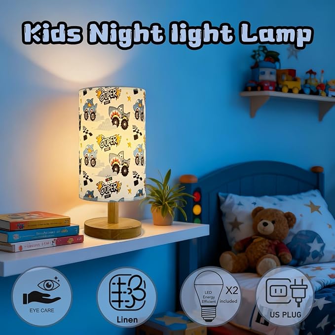 Shark Table Lamp for Boys Bedroom, Wood Base Linen Shade, Nursery Boho Lamp, 3 Level Brightness, Gifts for Boys
