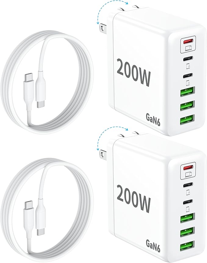 2 Pack USB C Charger Block, 200W GaN Super Fast Charger Type C iPhone 17 16 Fast Charging 6 Port Foldable PD Charging Station for All iPhone/Samsung Galaxy S25/S24/MacBook iPad