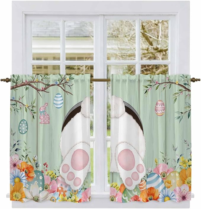 Easter Kitchen Curtains 45 Inch Long 2 Panel Set, Rod Pocket Window Treatment