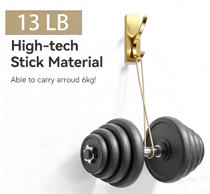10 Pack Brushed Gold Self Adhesive Coat Hooks for Hanging: 13LB Extra Strong Stainless Double Wall Hook for Towel, Backpack, Hat, Sturdy Metal Hanger for Bathroom, Bedroom, Door, Wall Mounted