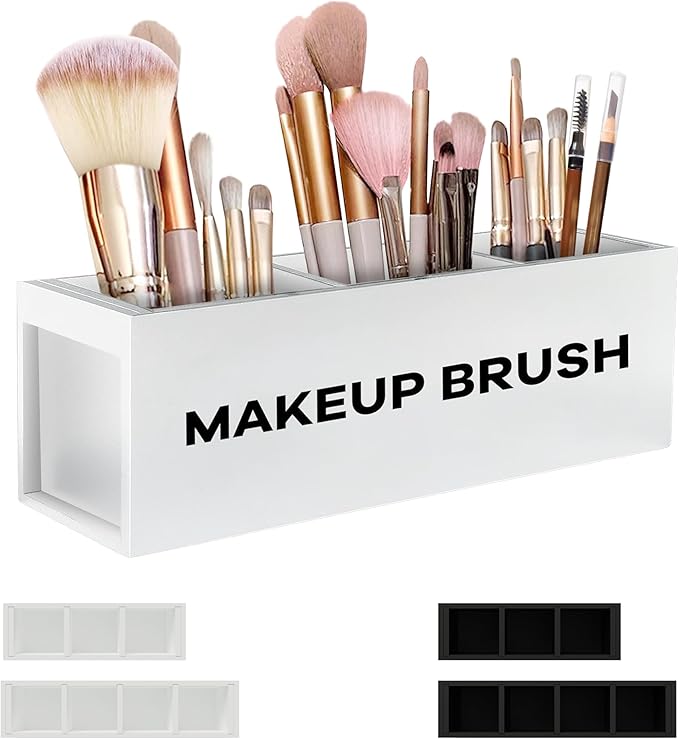 Suli Large Makeup Brush Holder Organizer, Wooden Cosmetic Brushes Storage with 3 Slots, Eyeliners Display Case for Vanity Desktop Bathroom Countertop -White