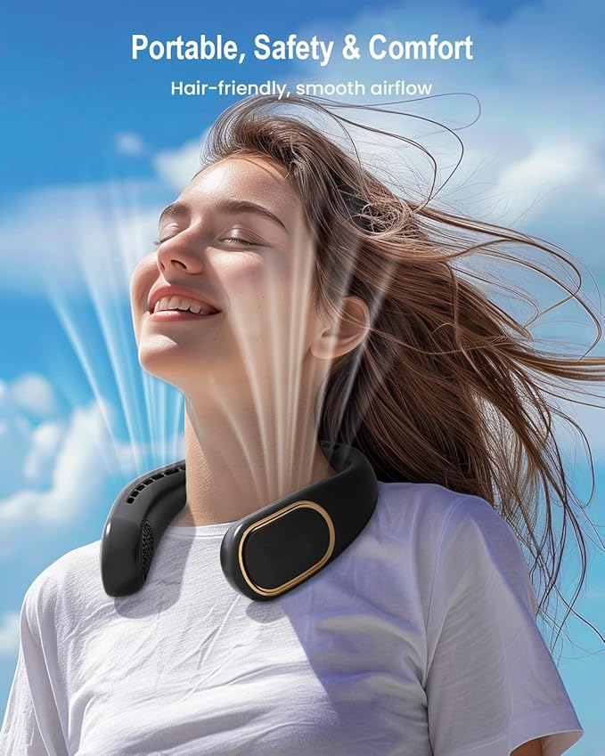 SHEWIND Portable Neck Fan - 5000mAh Rechargeable Hands-Free Wearable Fan | 4 Speeds, Bladeless & LED Display | Personal Cooling Fan for Travel, Outdoors, Camping - Black