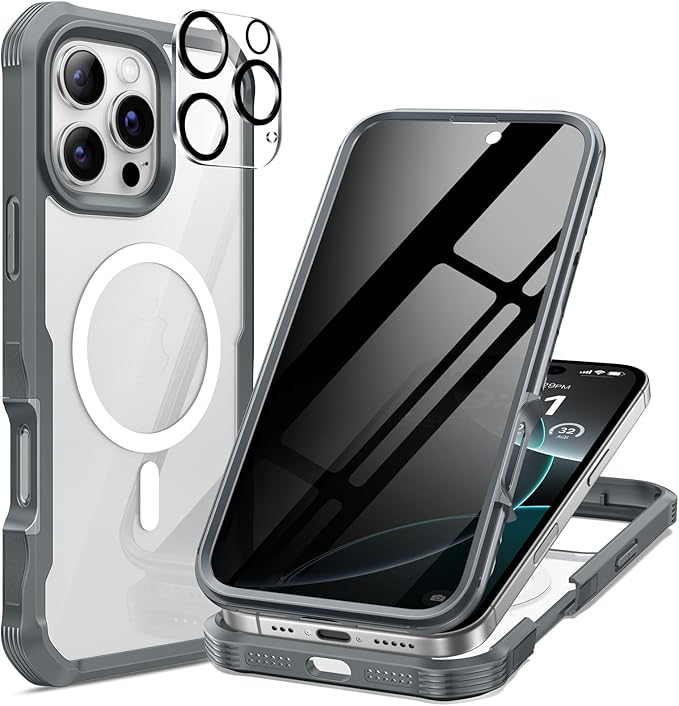 seacosmo for iPhone 16 Pro Max Case, Full Body Bumper with Built-in 9H Tempered Glass Privacy Screen Protector and Camera Lens Protector, Compatible with MagSafe, Shockproof Phone Cover, 6.9", Gray
