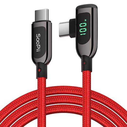 SOOPII 100W Right Angle USB C to USB C Cable2-Pack 1FT Zinc Alloy Case Nylon Braided Type-C Cable with LED Display for lPad Mini/Air/ProMacBook ProSamsung S23/S22/S10PixelLG(0.3mBlack)