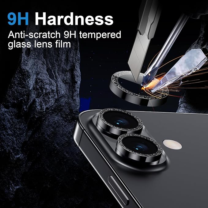 Korecase for iPhone 17/iPhone 16/iPhone 16 Plus Camera Lens Protector Bling 9H Tempered Glass Anti Scratch Camera Screen Protector Shockproof Film Metal Ring Lens Protector Glitter-Black