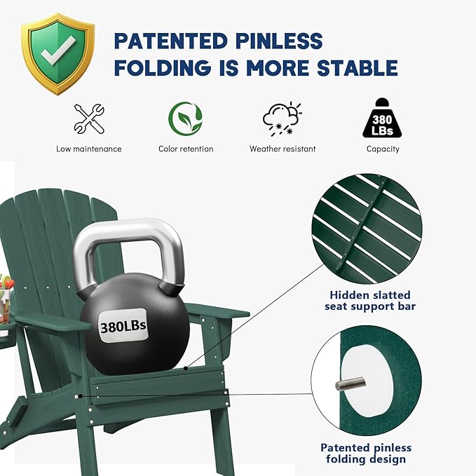Plawdlik Folding Adirondack Chair, SGS Tested, Wooden Textured with Cup Holder, Heavy All-Weather HDPE Comfortable Set Poolside Backyard Lawn Green