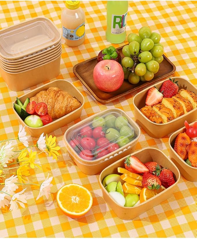 50-Pack 34oz Kraft Paper Bowls, Disposable Meal Prep Containers with Lids and Forks, Food Prep Containers To Go Food Containers Deli Containers for Take-out, Meal Prep, World Cup Party Supplies