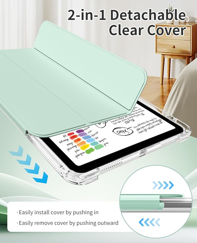 Case for iPad Air 11 M4/M3/M2 &amp iPad Air 5th/4th Gen 10.9-Black | For iPad Air 11 2026/2025/2024 &amp Air 10.9 2022/2020 2-in-1 Removable Transparent Back with Pencil Holder Auto Sleep/Wake