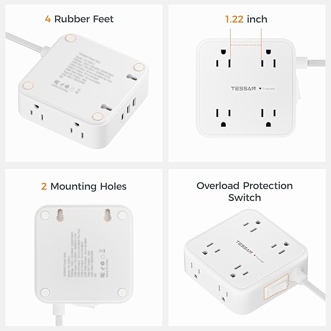 TESSAN Flat Plug Extension Cord, 5 Ft Surge Protector Power Strip with 3 USB (1 USB C) 8 Outlets, 900J Surge Protection, 3 Sided Outlet Extender with Power Switch for Dorm Room Essentials, White