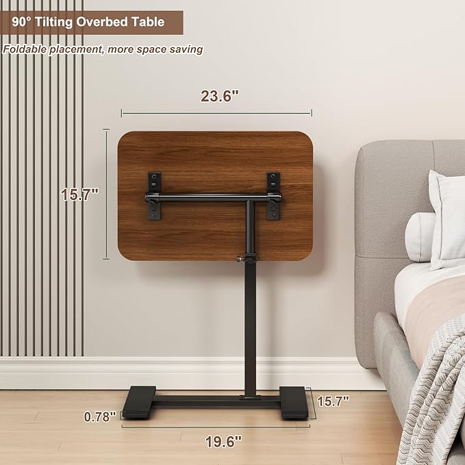 Adjustable Height C Shaped Side Table,360°Swivel Overbed Table,Top Tilting Laptop Stand Table with Hidden Wheels,Mobile Couch End Tables that Slide under,Rolling TV Coffee Table for Sofa/Bed(walnut)