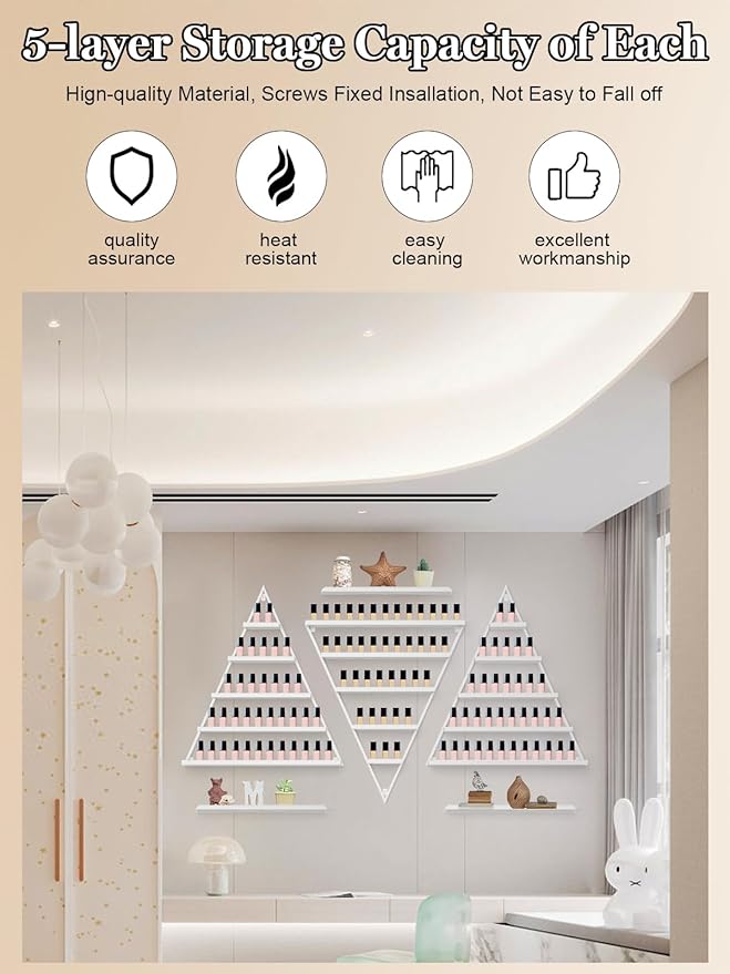 EBANKU 6PCS Nail Polish Racks 5 Tiers Nail Polish Shelf for Wall Triangular Display Rack Cosmetic Display Cases Lipstick Perfume Wall Shelf Essential Oil Organizers for Home Spa Nail Salon Shop(White)