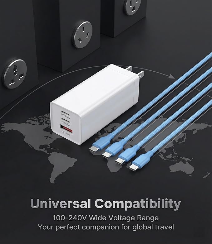 65W USB C Laptop Charger 3-Port PD Wall Charger Block with 3 Cables (2x1.2m+1x0.6m) Foldable Travel Adapter for Phone Tablet Compatible with MacBook - Blue