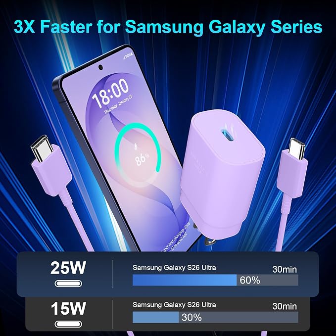 Super Fast Charger Type C 25W USB C Wall Charger Fast Charging for Samsung Galaxy S26 Ultra/S26/S26+/S25 Ultra/S25/24 Ultra/S24/S23 Ultra/S22 Ultra with 10FT Long Android Type C Charger Cable 2Pack