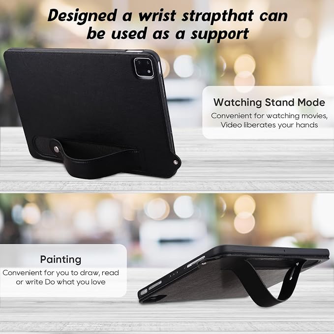 Slim Case for Apple iPad 10th Generation 10.9 Inch 2022 PU Leather Lightweight Hand Strap Stand Feature Drop Protection Back Cover for iPad 10th Gen 10.9 Black