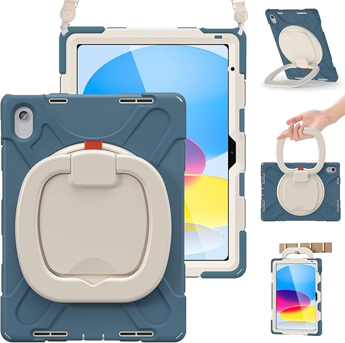 BRAECN Case for iPad (A16) 11th/10th Generation 11”/10.9'' 2025/2022-Heavy Duty Silicone Cover with Screen Protector/Pencil Holder/Rotating Handle Grip/Kickstand/Shoulder Strap, Cornflower Blue