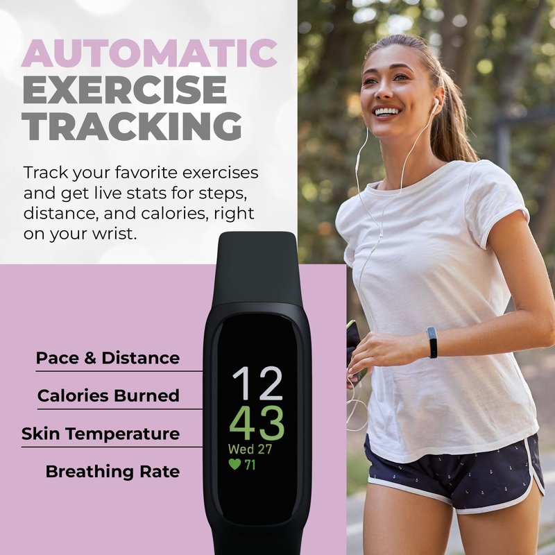 Fitbit Inspire 3 Health & Fitness Tracker Bundle - with Stress Management, Workout Intensity, Sleep Tracking, 24/7 Heart + 2 Silicone Bands, 2 Screen Protectors, Cleaning Cloth & Fast Charger