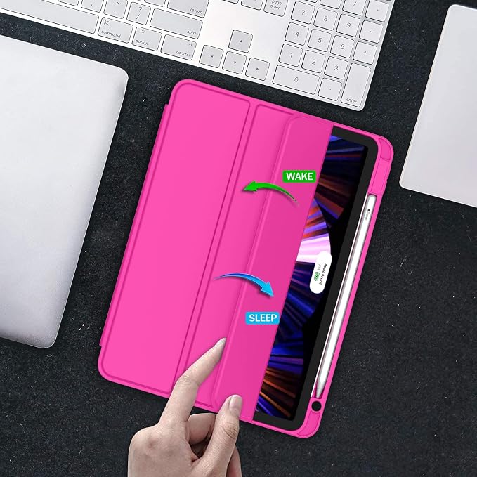 New iPad Pro 11 Inch Case 2022(4th Gen)/2021(3rd Gen)/2020(2nd Gen) with Pencil HolderSmart iPad Case [Support Touch ID and Auto Wake/Sleep] with Auto 2nd Gen Pencil Charging (Deep Pink)