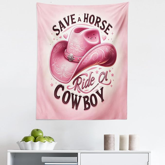 Ambesonne Funny Tapestry, Humorous Feminine Design with Hat and Save a Horse Ride a Cowboy Lettering, Fabric Wall Hanging Decor for Bedroom Living Room Dorm, 23" X 28", Pink and Seal Brown
