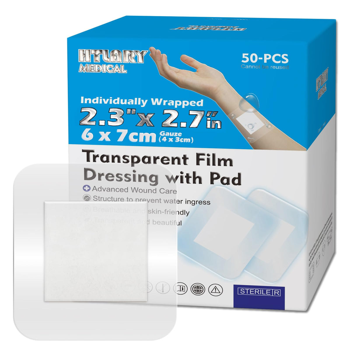 HTLARY Waterproof Transparent Film Dressing with Absorbent Pad 50-Pack Sterile Adhesive Bandages Post-Surgical Wound Cover, Protective Barrier for Sensitive Skin (2.3‘’x2.7‘’)