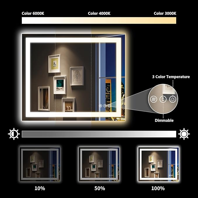 YEELAIT 48x36 Inch LED Bathroom Mirror with Lights Front and Backlit Lighted Vanity Mirror for Bathroom Wall with 3 Colors Dimmable Anti-Fog Memory Shatter-Proof IP54 Waterproof Horizontal/Vertical