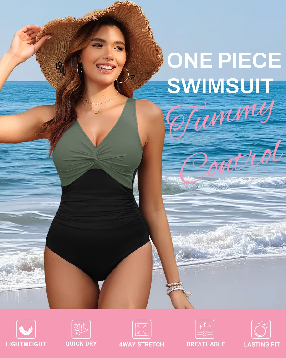 Holipick Green and Black Women Tummy Control One Piece Swimsuit - Push Up Bathing Suit Full Coverage Slimming Swimwear XXL