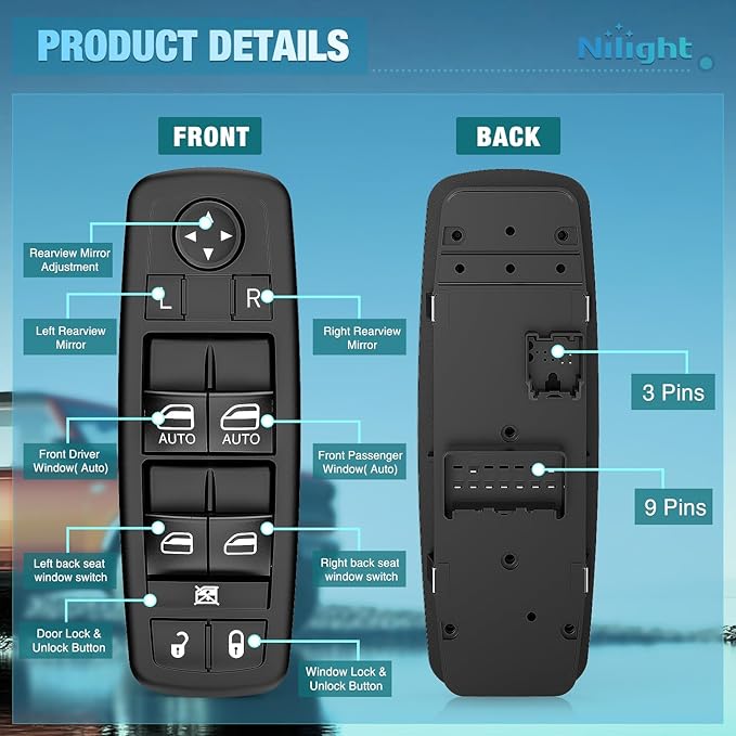 Nilight Power Master Window Switch Compatible with 2009 2010 2011 2012 Dodge Ram 1500 2500 3500 Front Left Driver Side Windows Control Replacement Set with Removal Tool