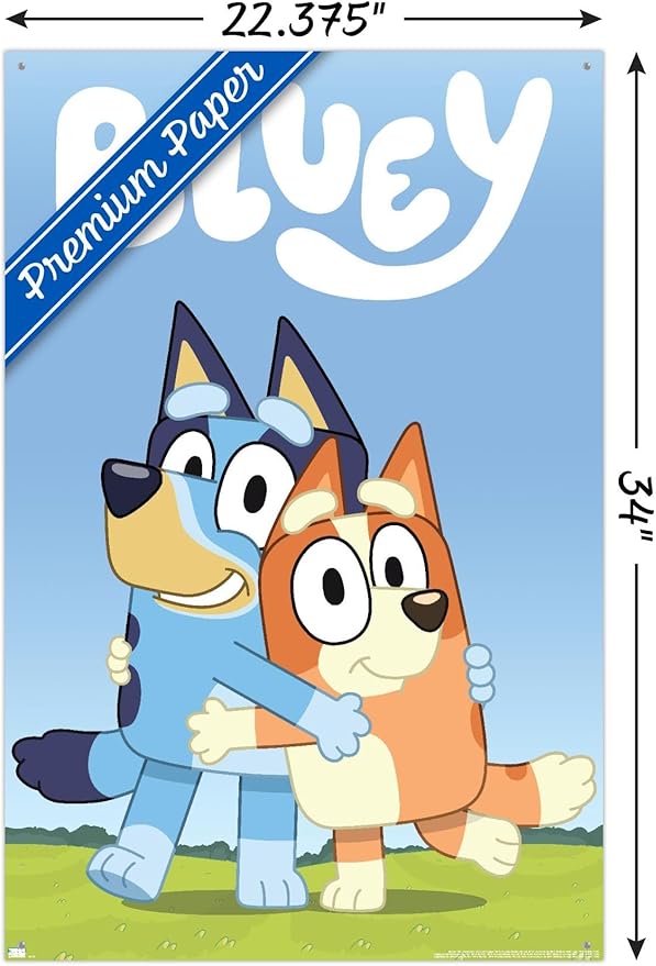 Bluey - Hug Wall Poster with Pushpins, 22.37" x 34.00", Premium Poster & Push Pin Bundle