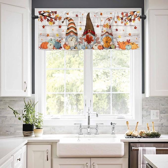 Fall Gnomes Kitchen Curtain Set, Thanksgiving Maple Leaf Grey Wood Grain Window