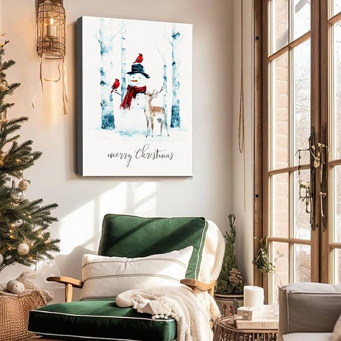 Christmas Snowman Canvas Wall Art - Rustic Winter Scene Framed Print for Farmhouse Living Room, Cozy Christmas Wall Decor, Ideal Christmas Gifts & Festive Decorations
