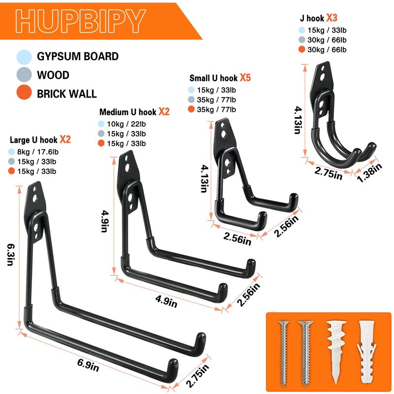 HUPBIPY Garage Hooks Heavy Duty Utility Steel with Anti-Slip Coating Wall Mount Storage Organizer for Hanging Power and Garden Tools, Ladders, Hose, Bikes, Ropes, Bulk Items, and More