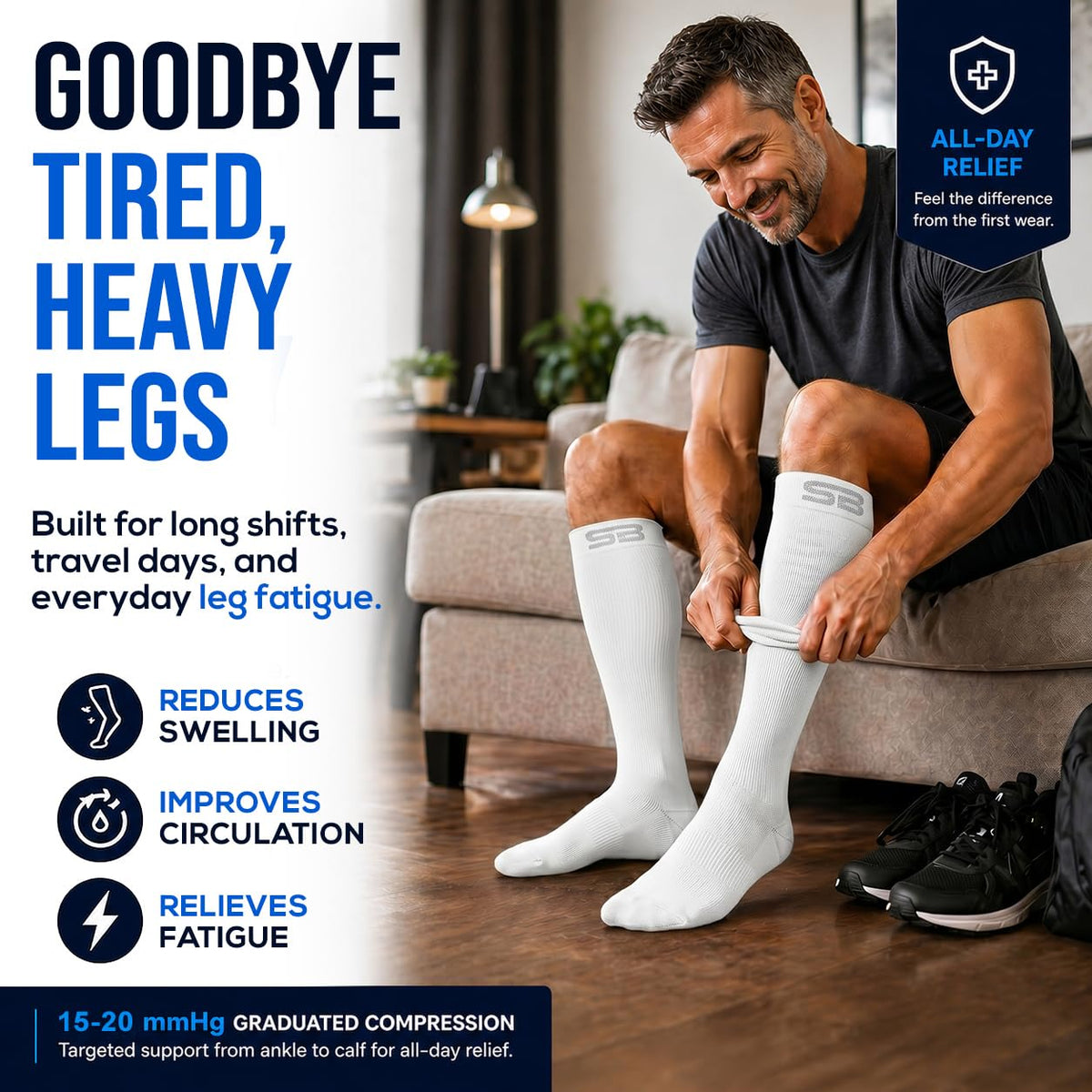 SB SOX 3-Pair Compression Socks for Men & Women (15-20mmHg) – Best Compression Socks for Flying, Medical, Sports, Wide Calf Fit, Skiing, and Daily Wear (XXL, 04 – Solid White)