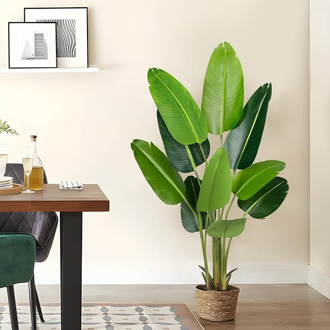 Artificial Bird of Paradise Plant 5.2Ft Fake Tropical Palm Tree with 10Trunks Faux Banana Leaf Trees in Pot for Home Indoor Outdoor Office Modern Decor Housewarming Gift（1Pcs）