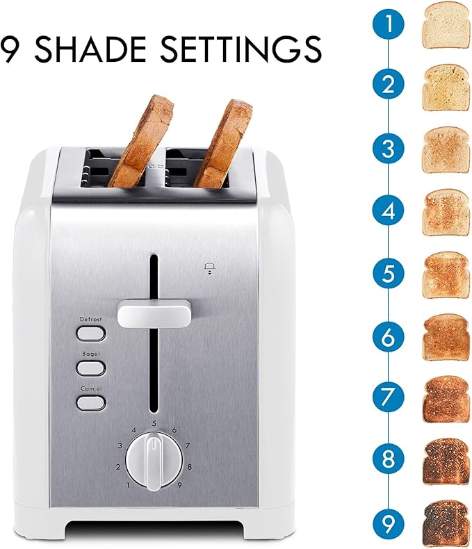 Kenmore 2-Slice Toaster, White Stainless Steel, Extra Wide Slots, Bagel and Defrost Functions, 9 Browning Levels, Removable Crumb Tray, for Bread, Toast, English Muffin, Toaster Strudel