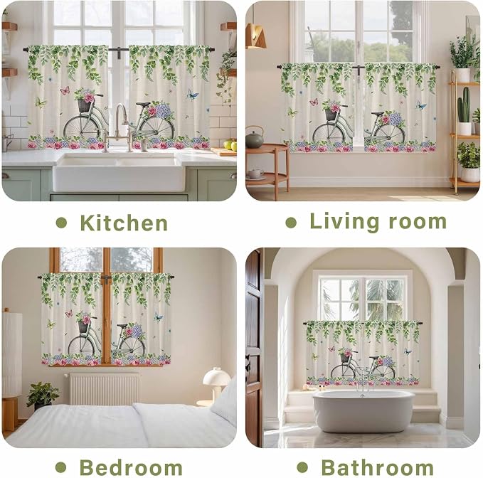 Farmhouse Spring Kitchen Curtains, Retro Bicycles Flowers Vines Butterfly Light