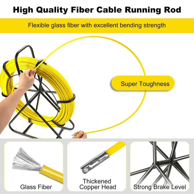 Non-Conductive Fiberglass Fish Tape Duct Rodder, 6mm x 200m (656ft) with Steel Reel Stand, Professional Cable Puller for Electrical Conduit and Wall Installation