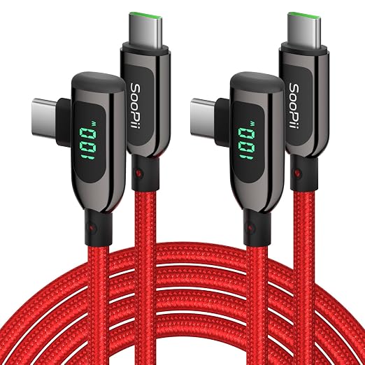 SOOPII 100W Right Angle USB C to USB C Cable2-Pack 1FT Zinc Alloy Case Nylon Braided Type-C Cable with LED Display for lPad Mini/Air/ProMacBook ProSamsung S23/S22/S10PixelLG(0.3mBlack)