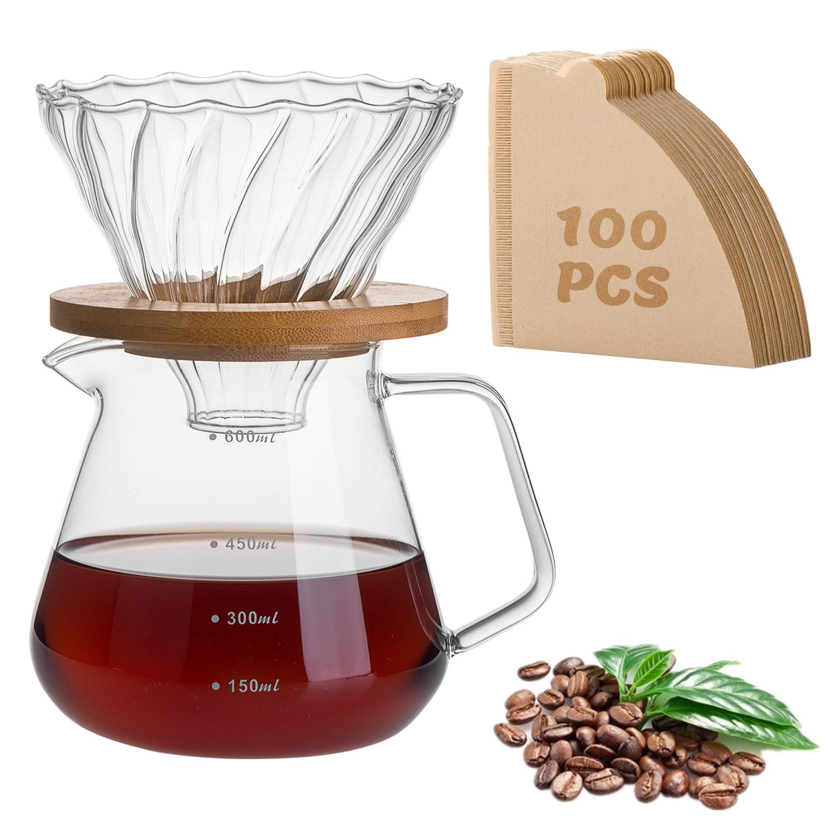 shoxil Pour Over Coffee Maker Set – Drip Coffee Pot with bamboo Handle, Glass Coffee Dripper & 100 Filters, 20oz/600ml Capacity