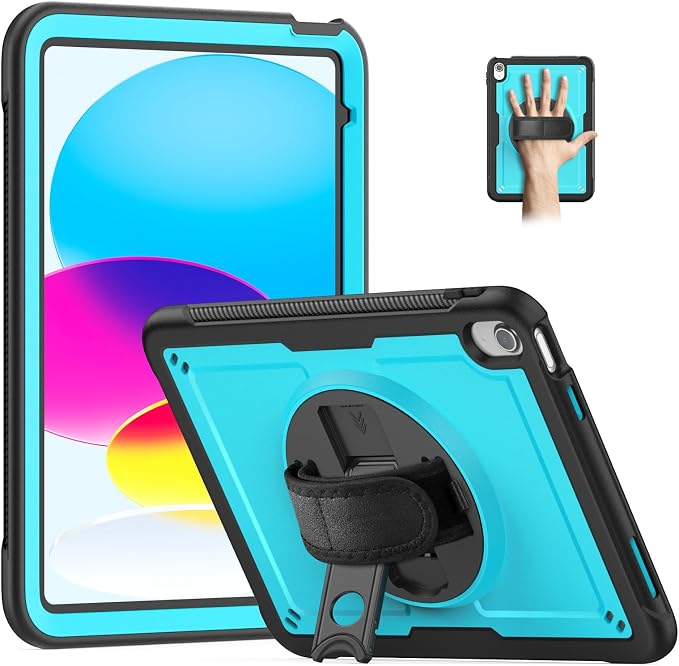 Case for iPad (A16) 11th Generation 11 inch 2025 Lightweight Rugged Dual-Material Design 360° Rotating Adjustable Leather Hand Strap Foldable Kickstand Durable with Full ProtectionBlue