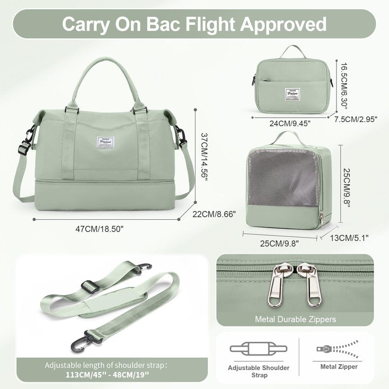 Travel Duffle Bag for Women,Weekender Overnight Bag with Shoe Compartment,Carry on Personal Item Travel Bag,3 Pcs Set,Light Green