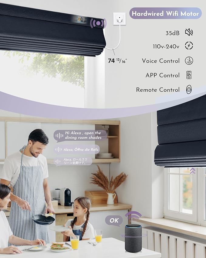 Graywind Smart Roman Shades Compatible with Alexa Google WiFi Hardwired Automatic Blinds with Remote Blackout Plain Fold Soft Roman Window Shades for Windows Doors, Custom Size (Flowline Midnight)