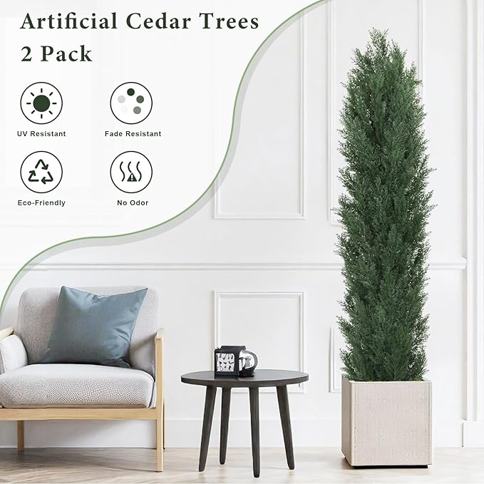 THE BLOOM TIMES 6ft Topiary Trees Artificial Outdoor Set of 2, UV Resistant Faux Cedar Pine Cypress Bushes & Shrubs, Fake Plants for Front Porch Outside Planter Patio Christmas Decor 6 Foot Tall