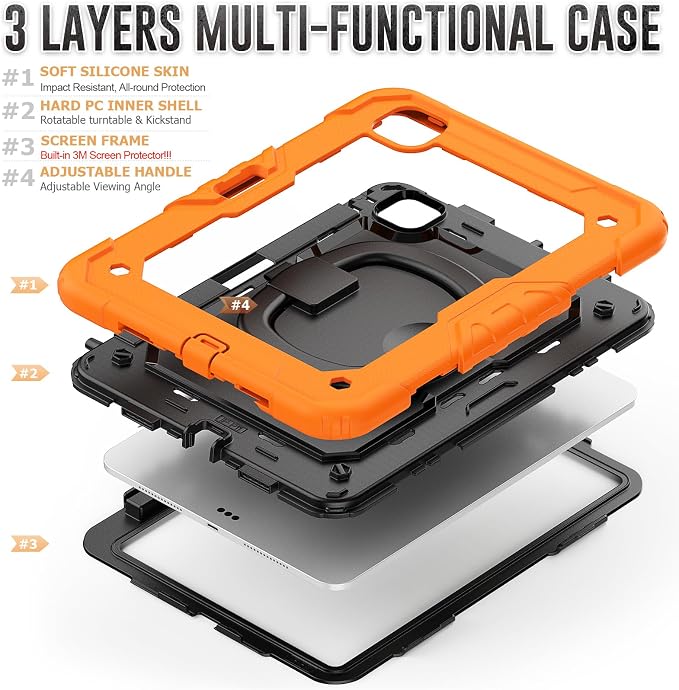 for iPad Pro 11 inch Protective Case M5 2025/M4 2024: Heavy Duty Shockproof Case with Pencil Holder - 360°Rotating Handle/Stand - Screen Protector - Shoulder Strap Black/Sky Blue
