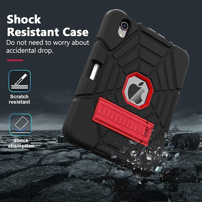 Grifobes Case for iPad mini 7th 2024 (A17 Pro) / Mini 6th Generation 2021 8.3 Heavy Duty Shockproof Cover with Pencil Holder Stand for i Pad Mini 7/6 Gen 8.3 inch Case (Black+Red+Red)